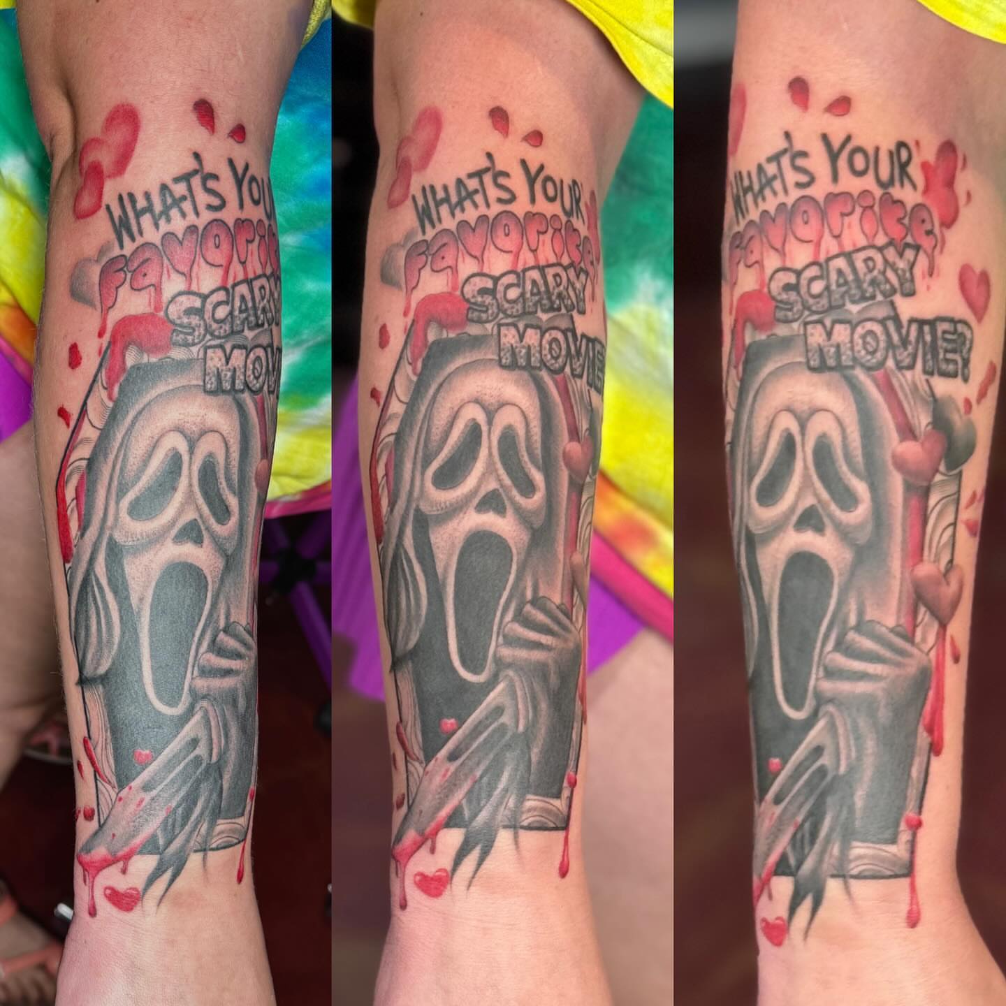 Scream mask black and grey tattoo on the forearm by Stephanie Cruz, Kansas City, Missouri
