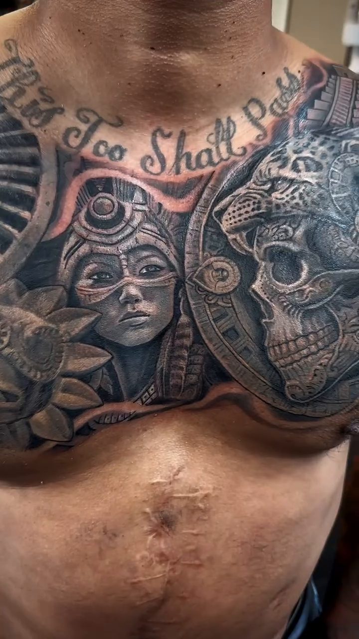 Skull and woman realism tattoo by Michael Tovar