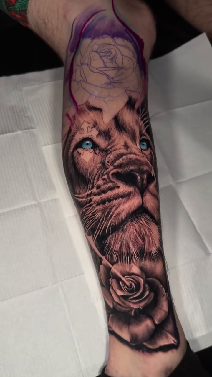 Lion and rose realism tattoo by Isaac
