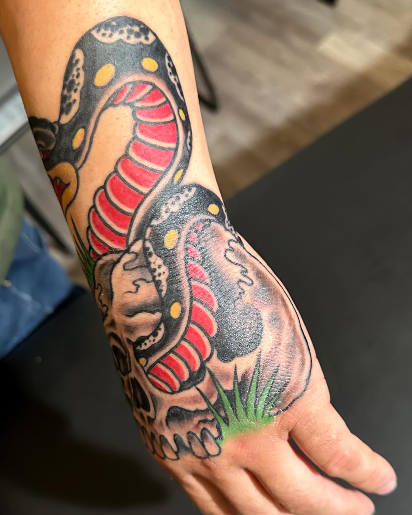 Snake and skull American traditional tattoo on the forearm by Marcos Rivera, Laredo, Texas