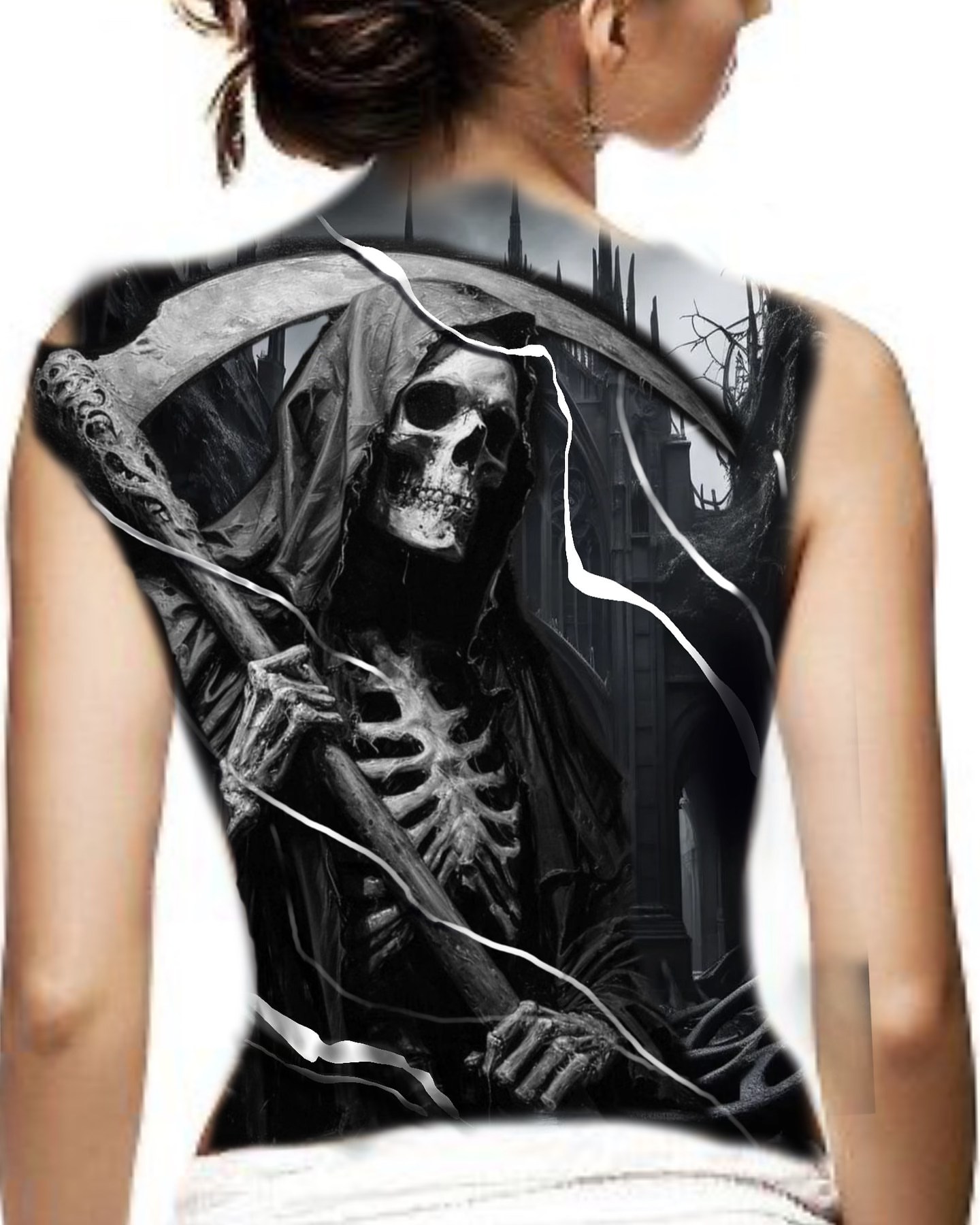 Grim reaper dark realism tattoo on the back by C.J. Rued