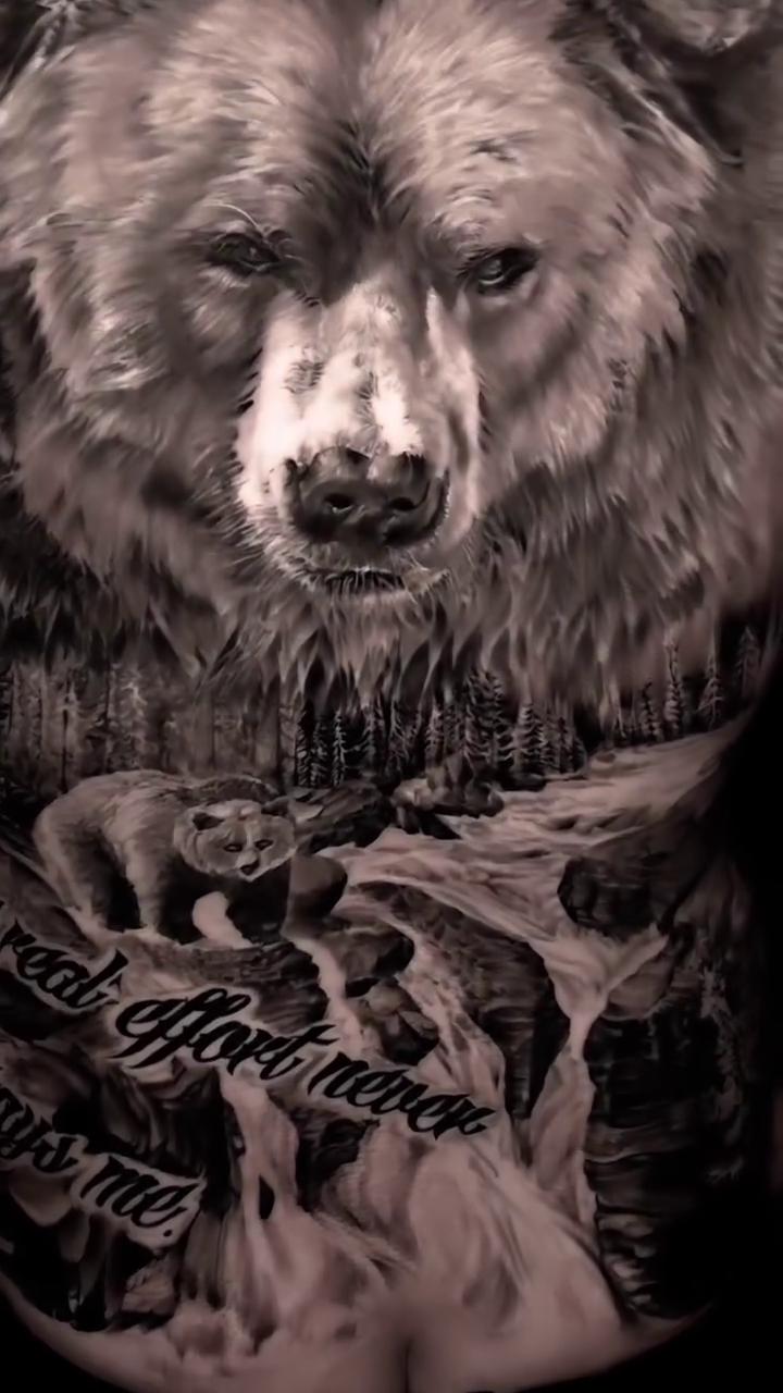 Bear and cub realism tattoo by Pitasso tattoo black and grey