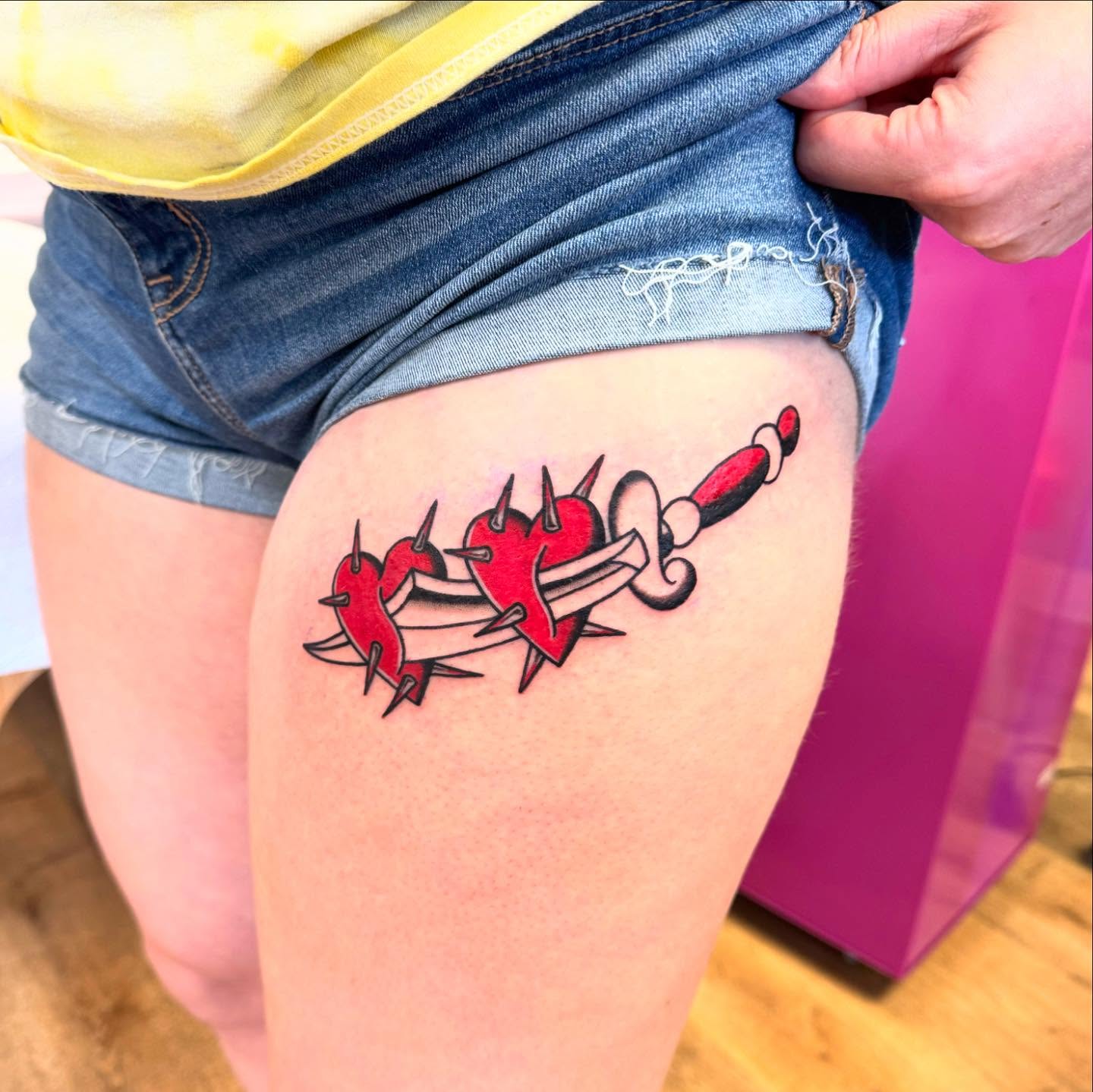 Heart with nails and dagger American traditional tattoo on the thigh by 𝙹𝙴𝚆𝙴𝙻𝚂 𝙸𝙳𝙴𝚃𝚃𝙴 𝙳𝙸𝚃𝚃𝚁𝙸𝙲𝙷 (𝙻𝙰𝚂𝙾𝚃𝙰), Minneapolis, Minnesota