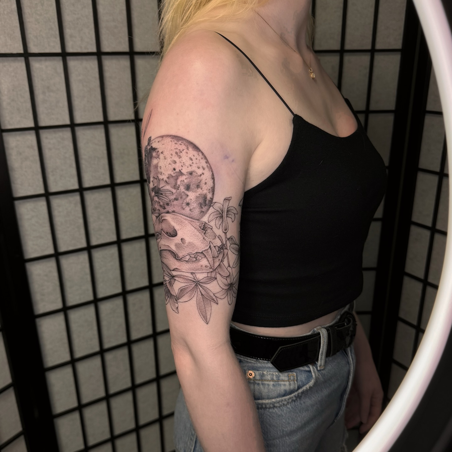 Skull and moon dotwork tattoo on the forearm by MillaKas ° Tattoos
