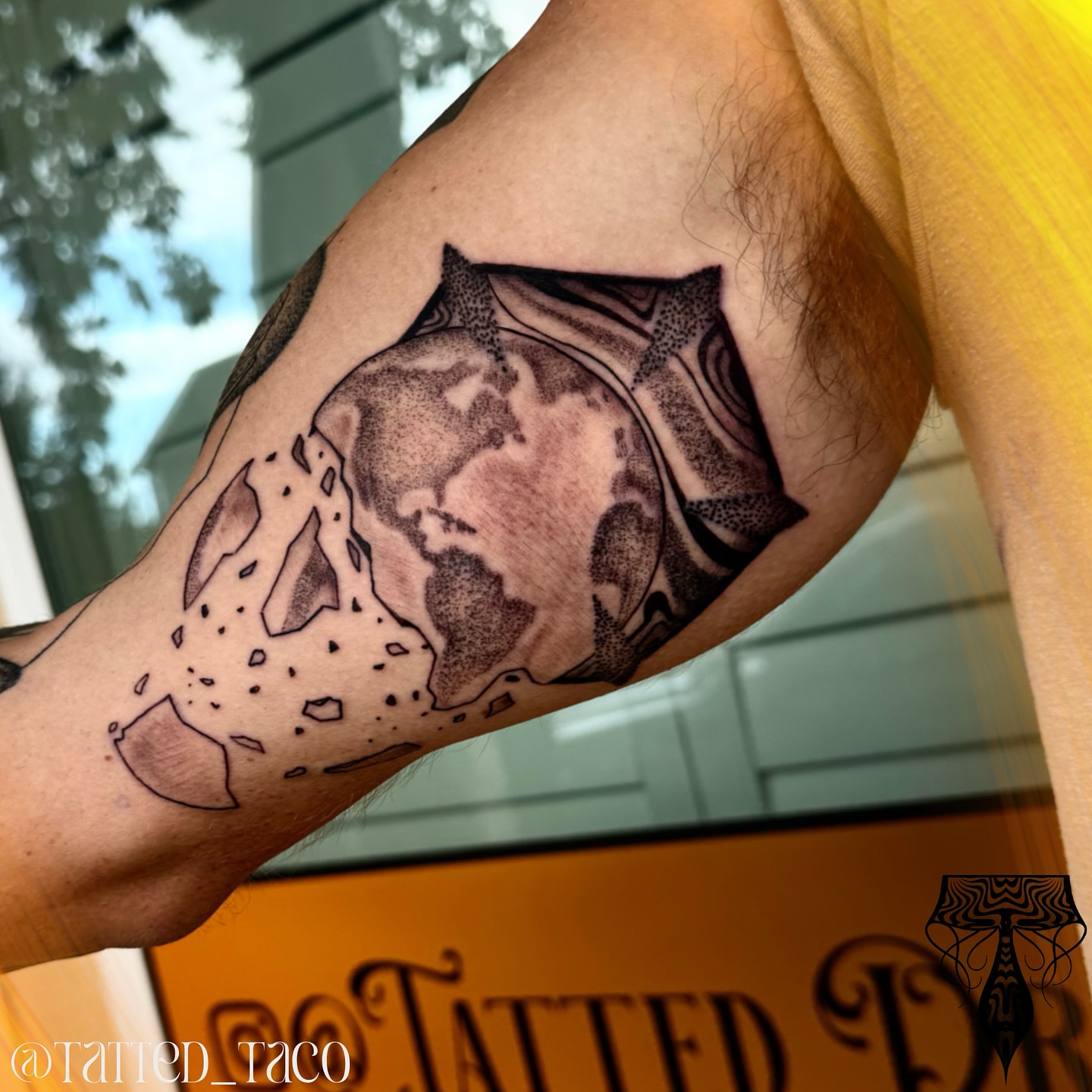 World map dotwork tattoo on the forearm by Ray Arce๐