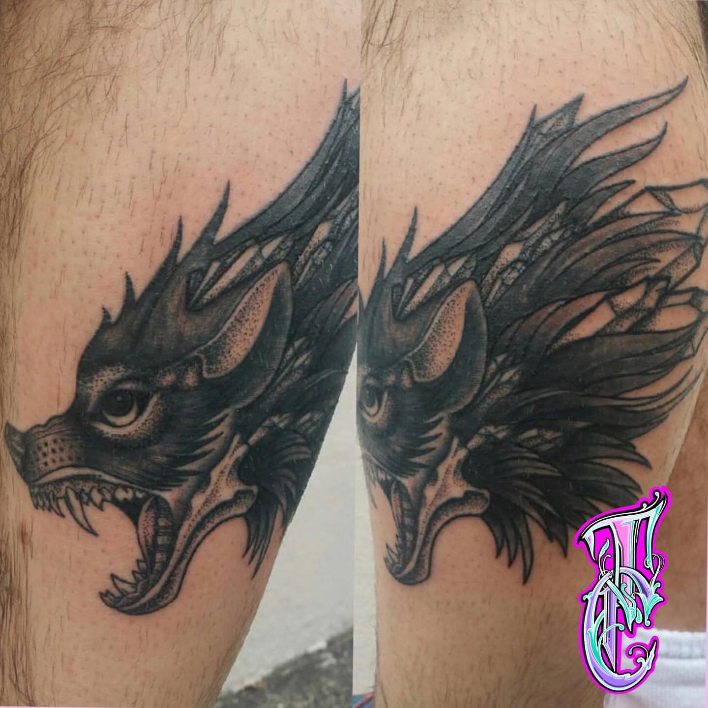 Dragon head dotwork tattoo on the forearm by Thea Curlee