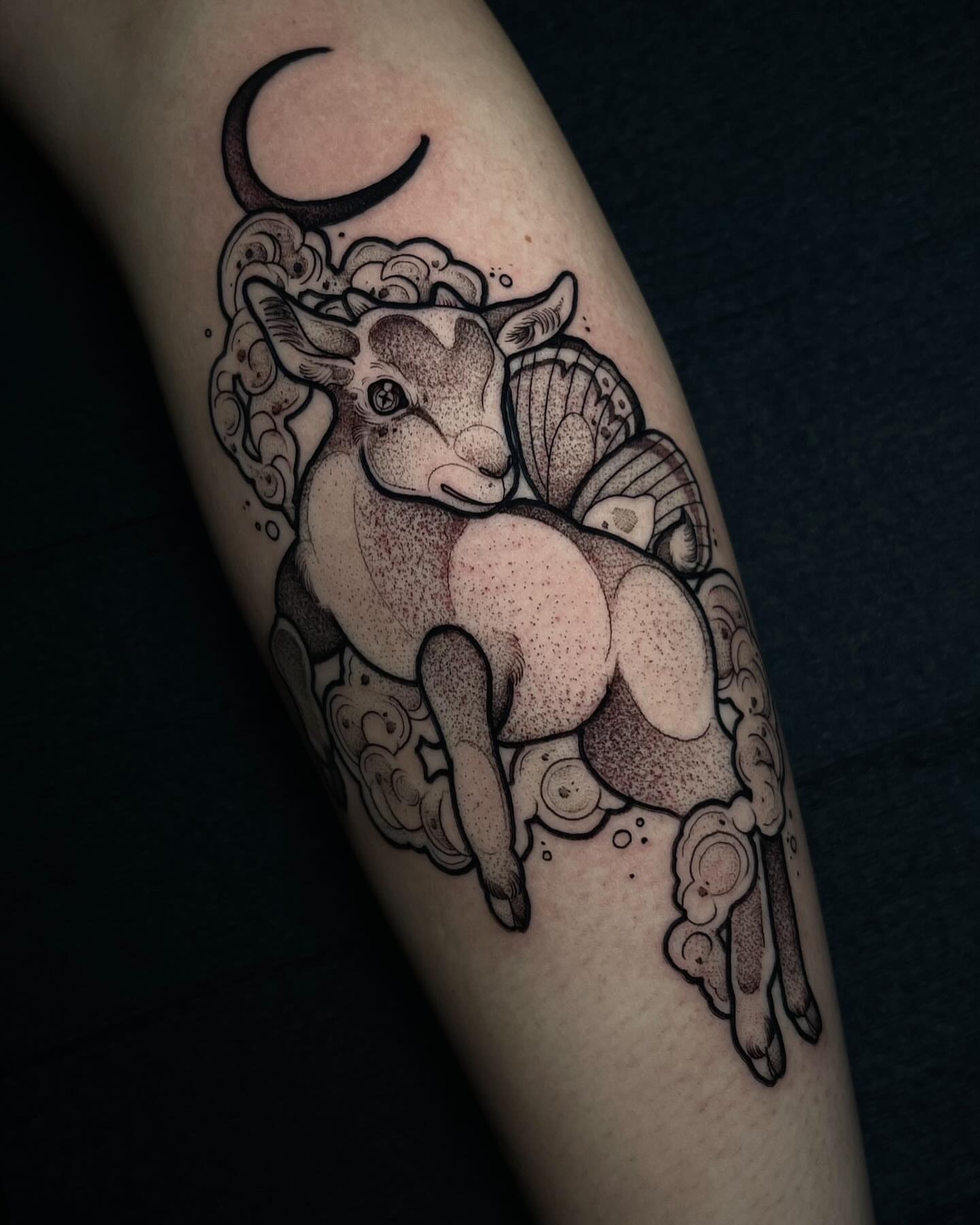 Ram dotwork tattoo on the forearm by H A N N A H, Colorado Springs, Colorado