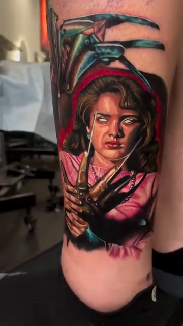Nancy Thompson and Freddy Krueger's glove realism tattoo by 🦇𝖀𝖙𝖆𝖍🦇, Las Vegas, Nevada