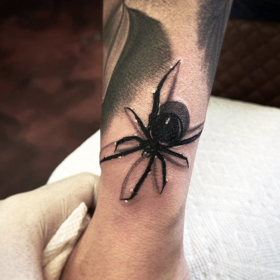 Spider realism tattoo on the forearm by ♟️SouthEastLA♟️