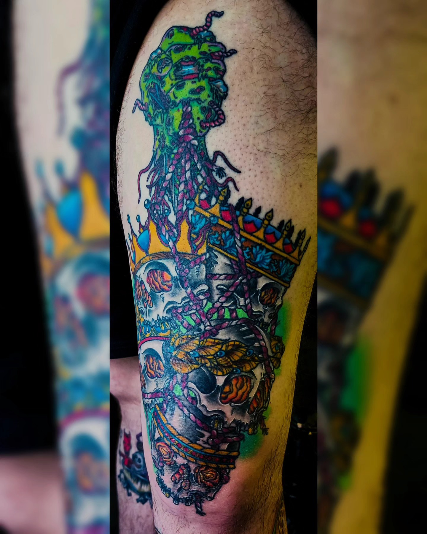 Skulls and crown American traditional tattoo on the forearm by Mariah Giovanna Hodgens