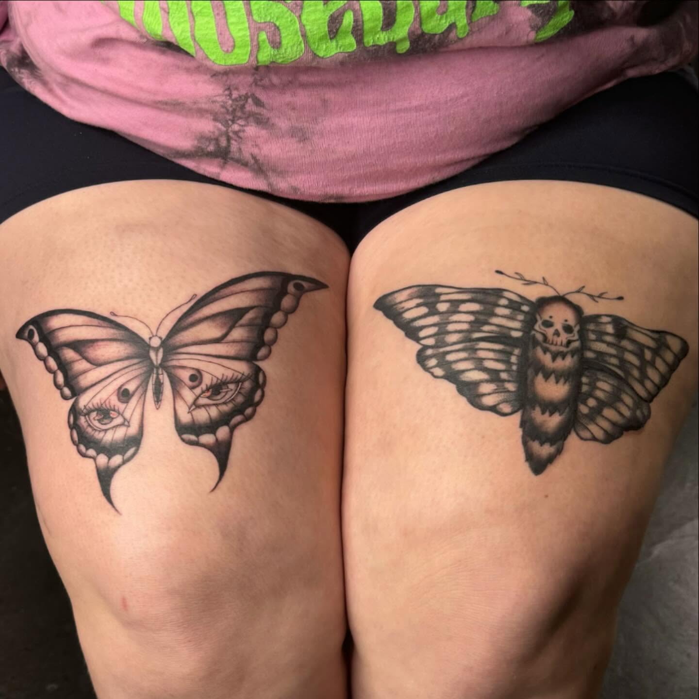 Butterfly moth realism tattoo on the thigh by ⊹ * . 𝕵az ⊹ * .