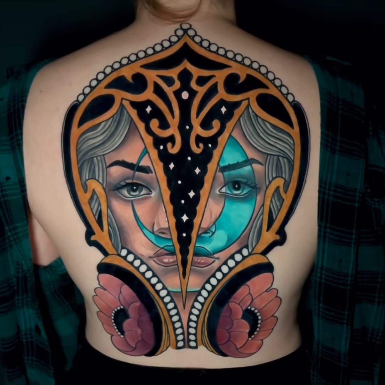 Woman's face geometric tattoo on the back by ๐ ๐ต๐๐๐๐๐ ๐ฎ๐๐๐๐๐๐๐๐๐