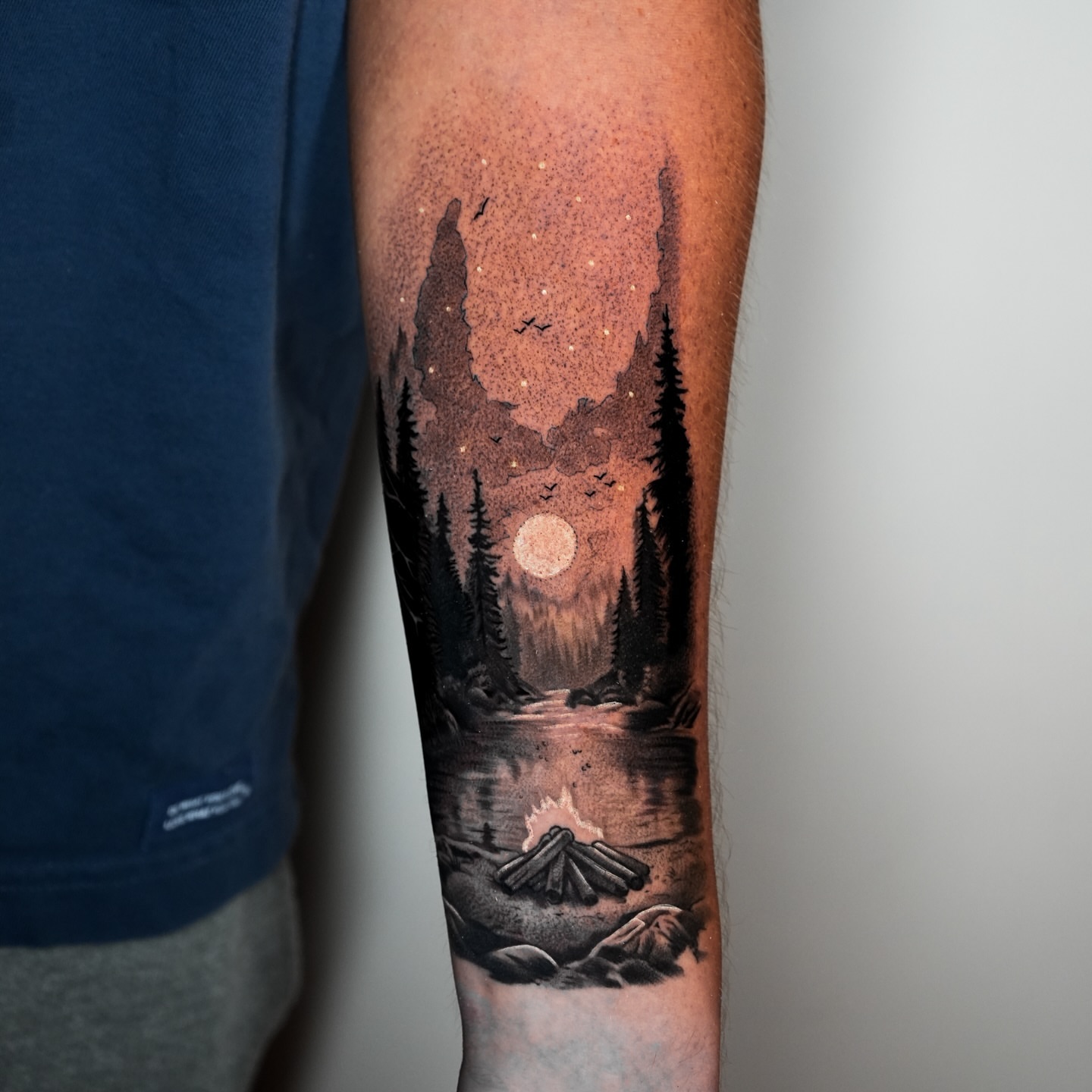 Forest landscape realism tattoo on the forearm by Jesse Reip, Lakewood, Ohio