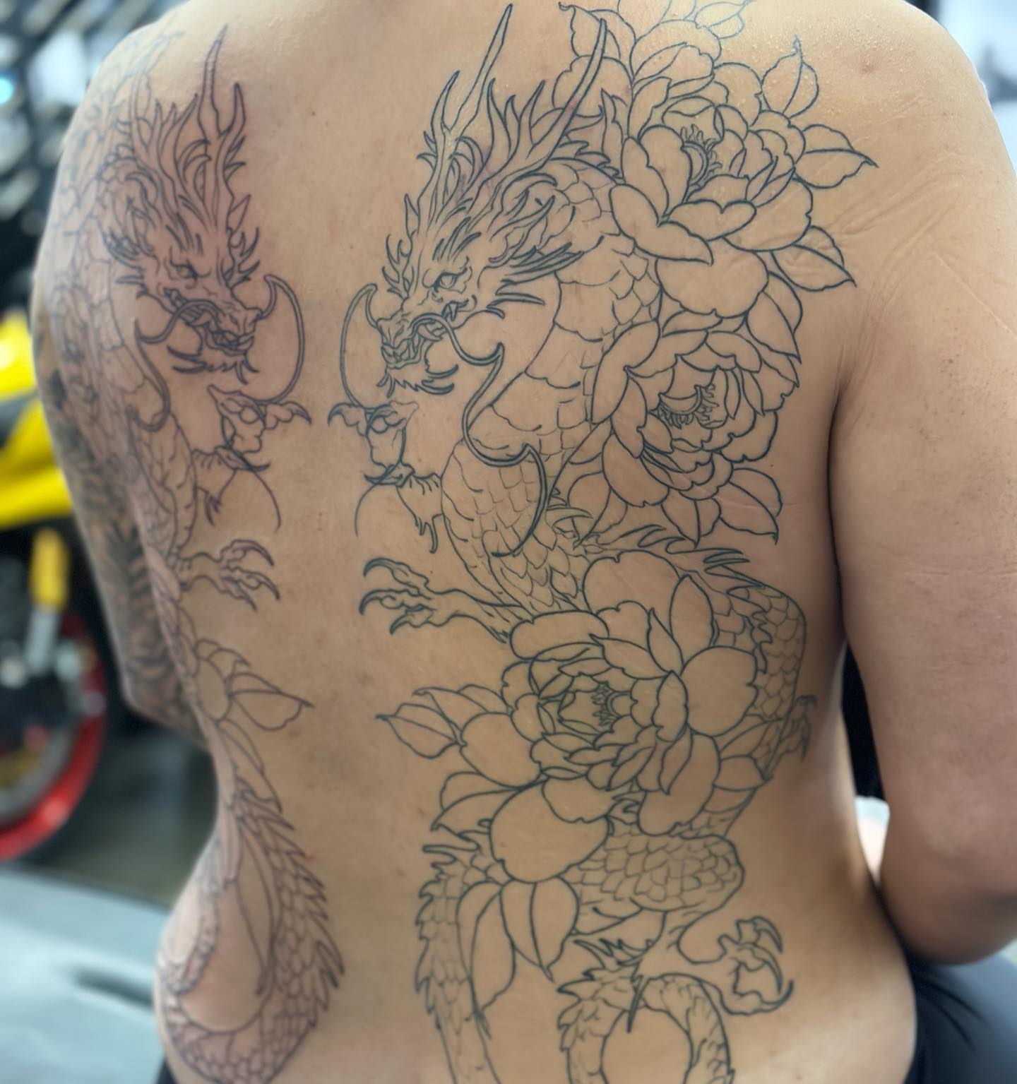 Dragon and flowers black and grey tattoo on the back by audi