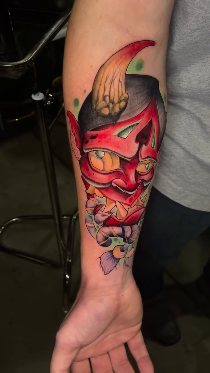Hannya mask with flowers japanese irezumi tattoo by Joshua Clark Tattoos Ⓥ