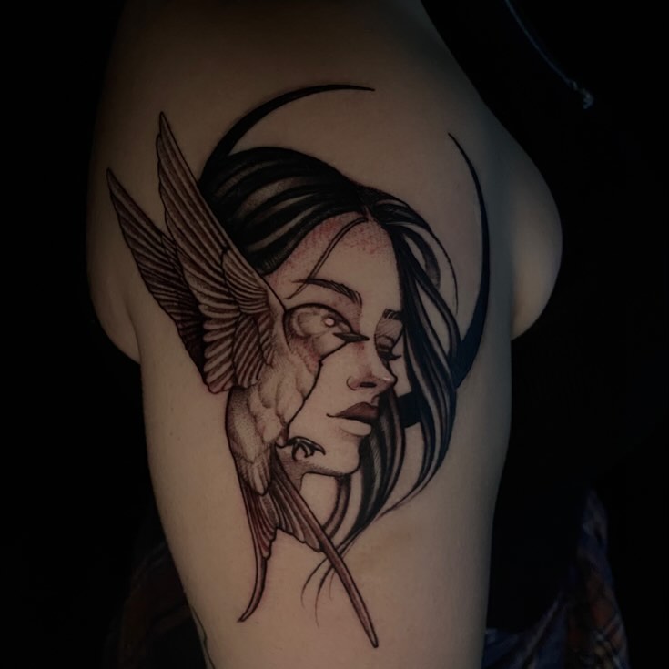 Woman with wings realism tattoo on the shoulder by 𝔗𝔞𝔶𝔩𝔬𝔯 𝔈𝔩𝔦𝔷𝔞𝔟𝔢𝔱𝔥, Tulsa, Oklahoma