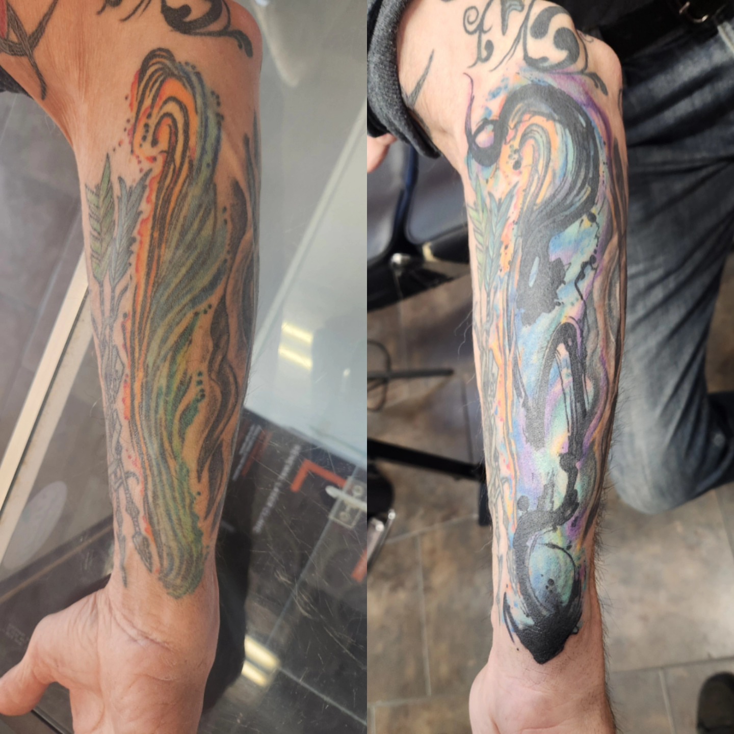 Abstract swirls watercolor tattoo on the forearm by Samantha Von Zombia, Saint Paul, Minnesota