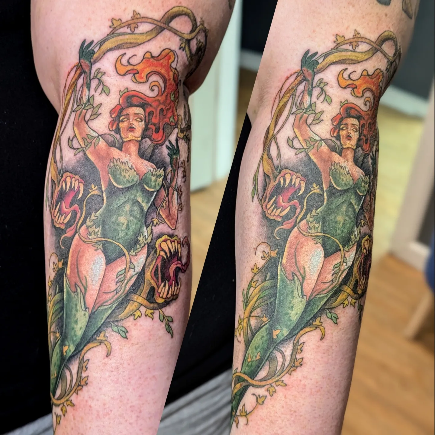 Woman with fire and plants American traditional tattoo on the forearm by Bethany Jane Tattoos