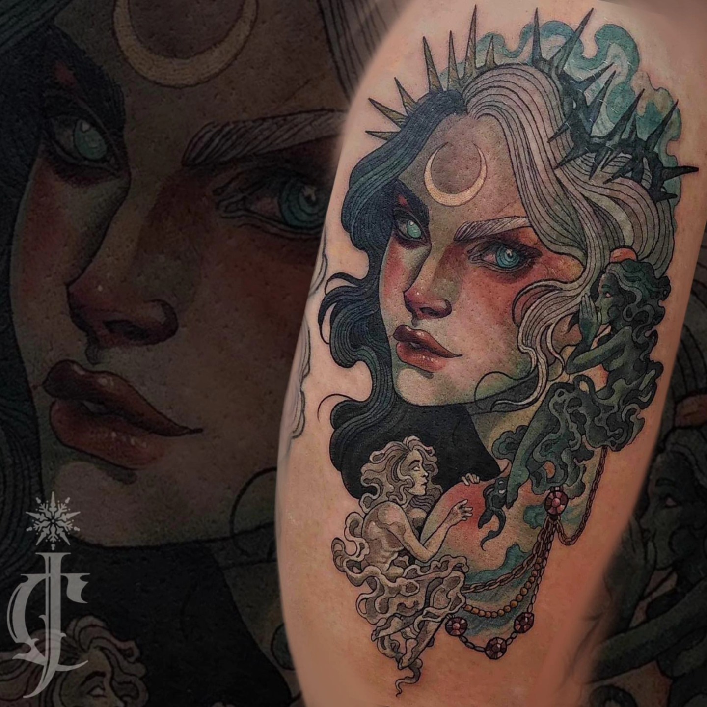 Woman with crown neo-traditional tattoo on the forearm by Jessica Canvas