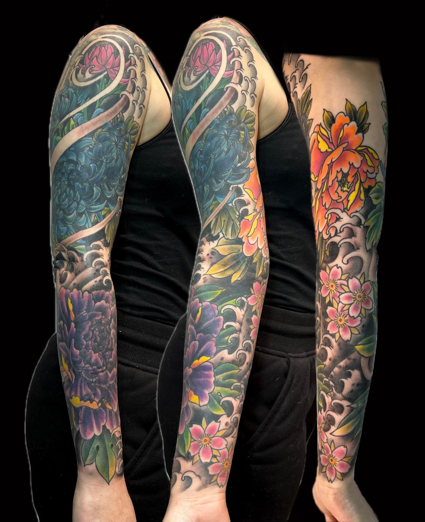 Floral sleeve American traditional tattoo on the upper arm by Dustin Hysell