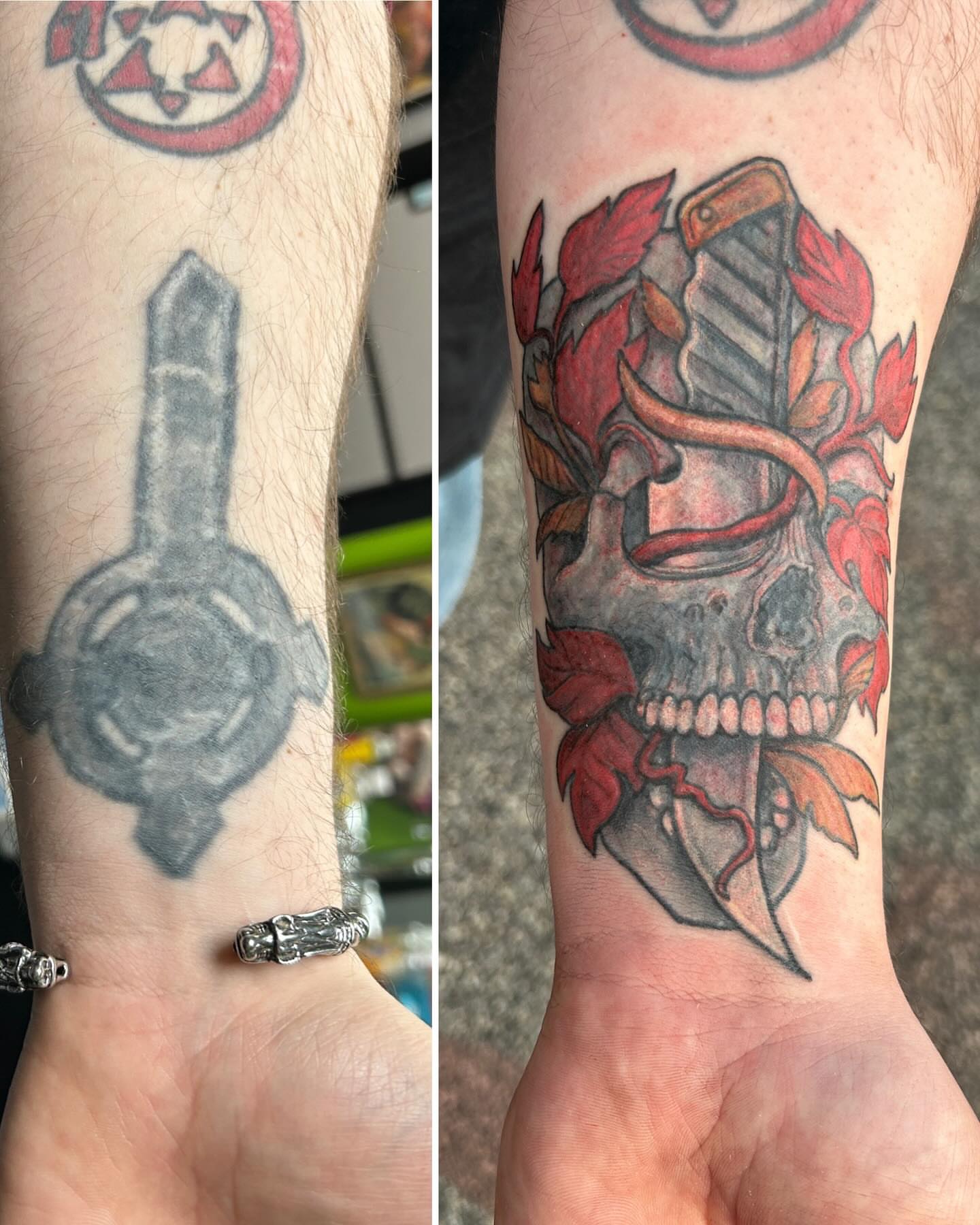 Skull with sword dark realism tattoo on the forearm by B Hendrix, Cuyahoga Falls, Ohio