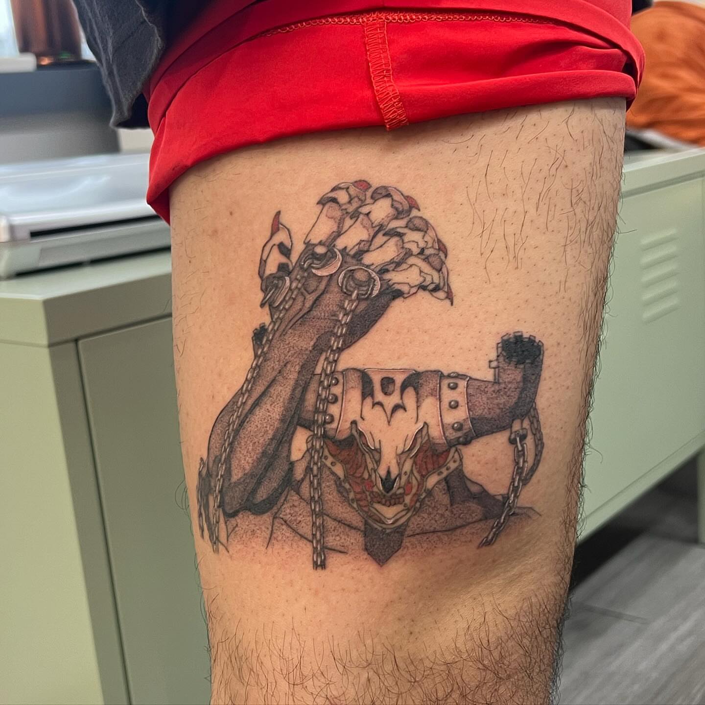 Skull and chains dotwork tattoo on the thigh by ꧁༒