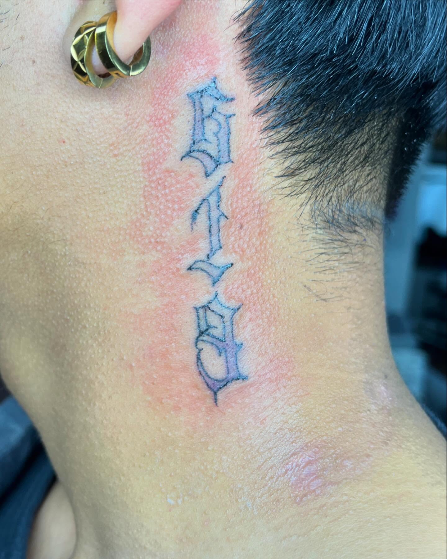 Lettering lettering script tattoo on the neck by destiny🌞