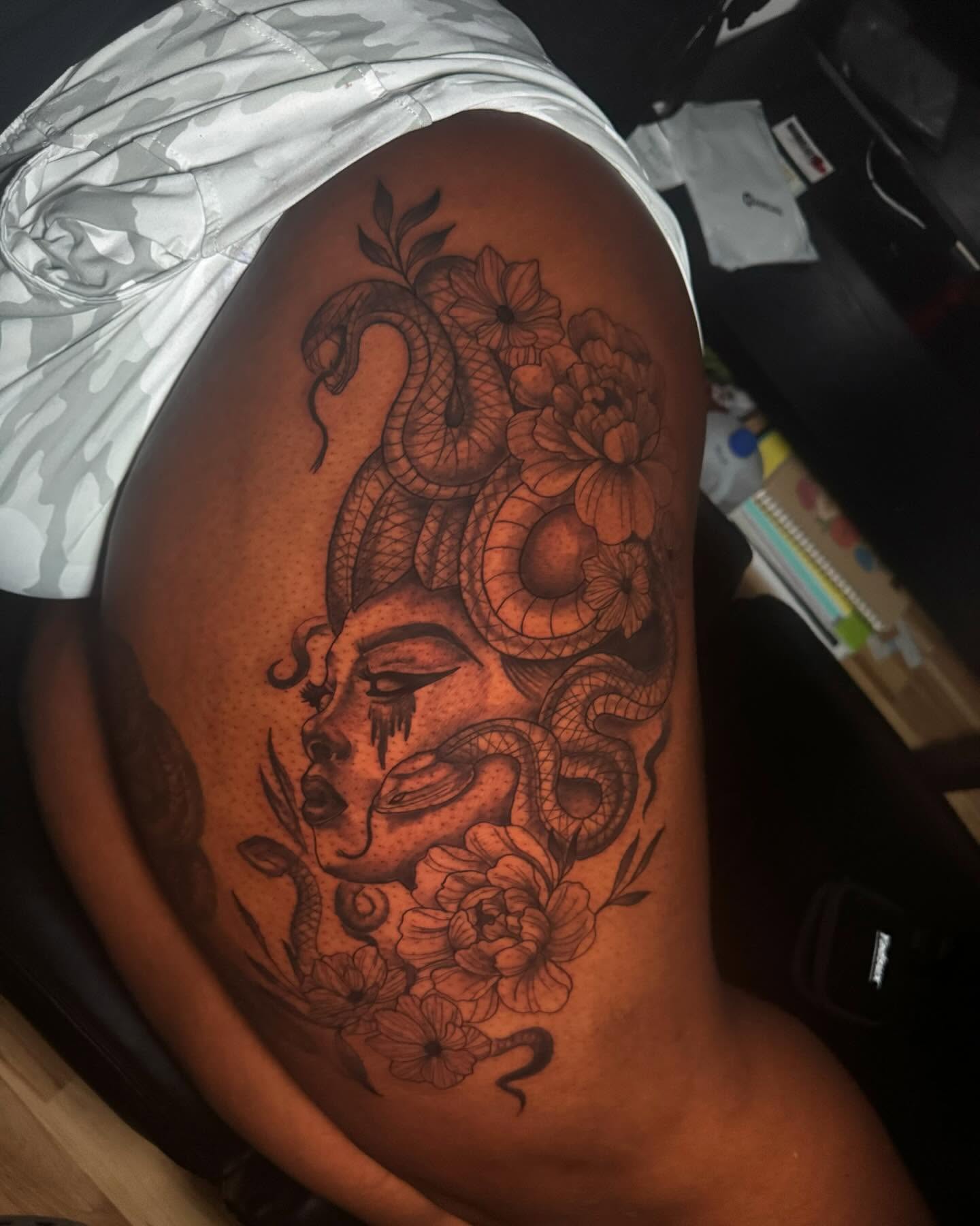 Woman with snakes and flowers American traditional tattoo on the shoulder by Breanna💉🔮, Dover, Delaware
