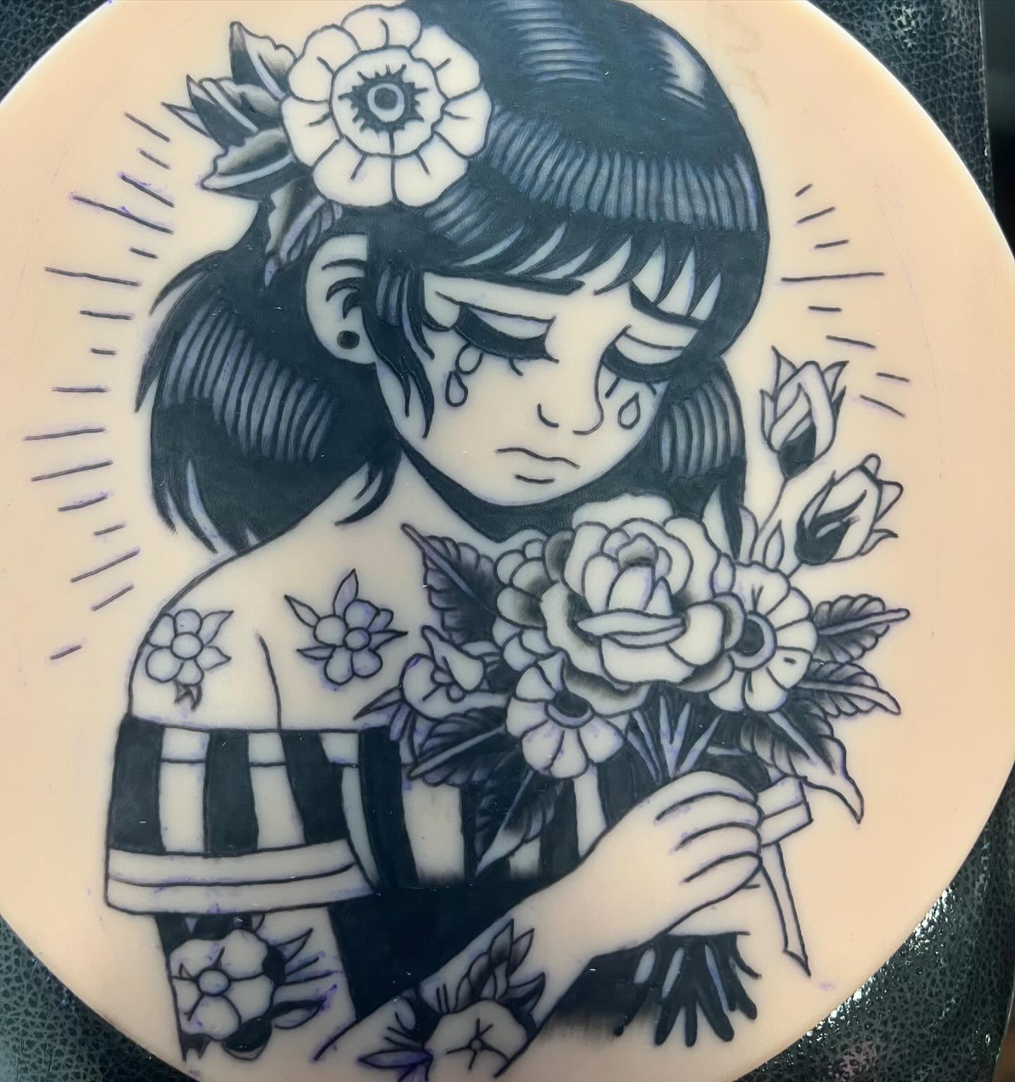 Girl with flowers black and grey tattoo on the torso by destiny🌞