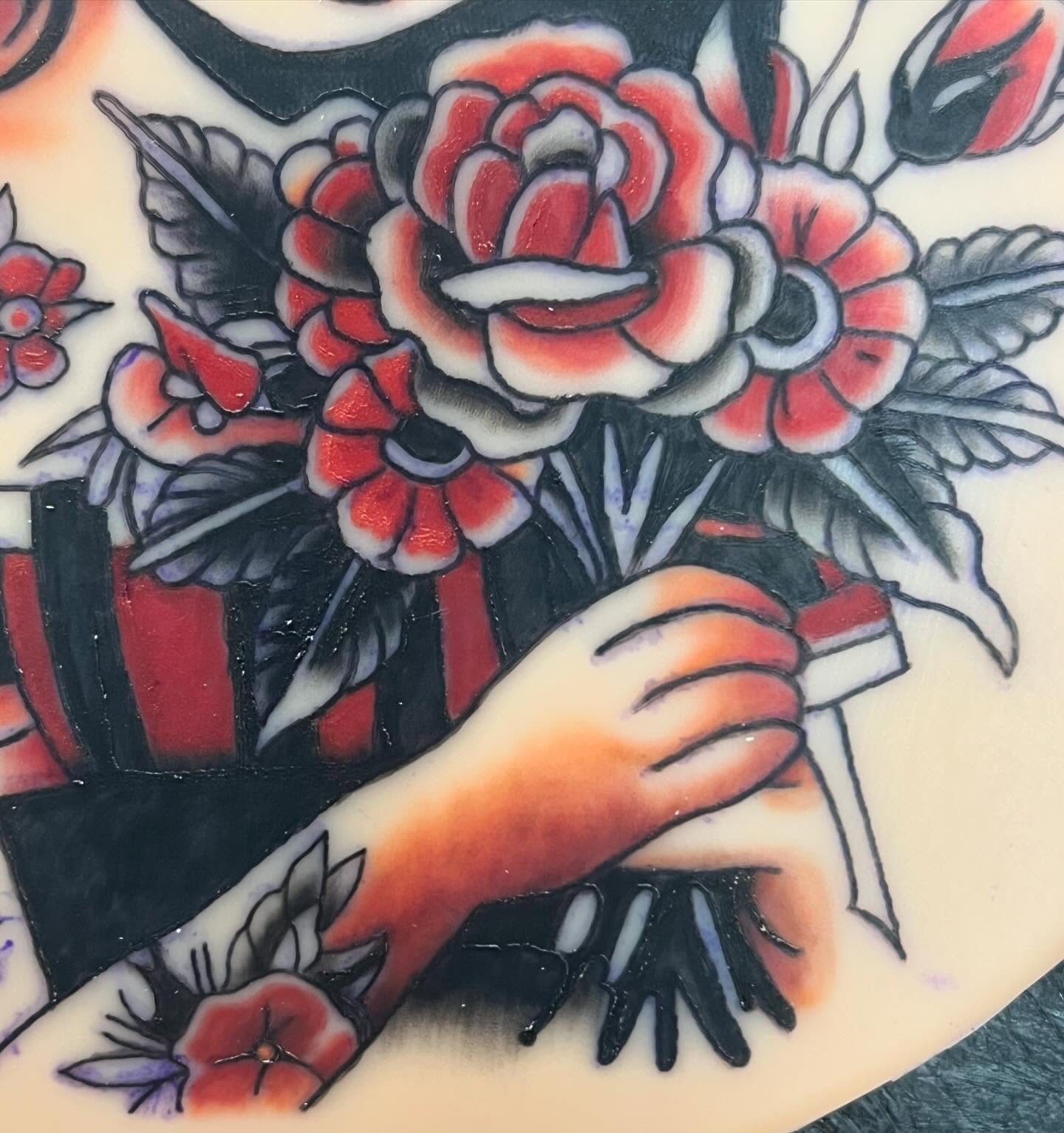 Roses and hand American traditional tattoo on the forearm by destiny🌞