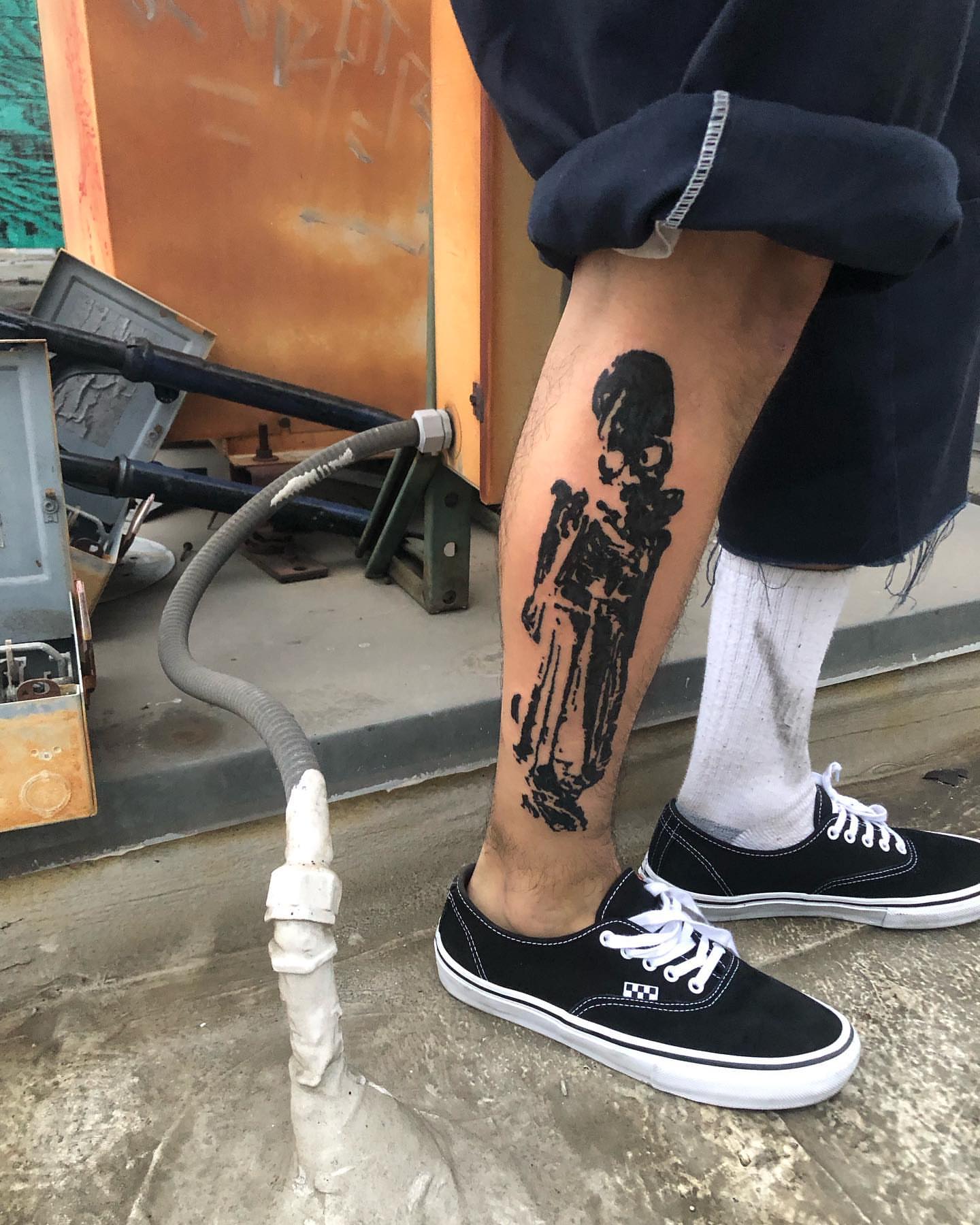 Skeleton black and grey tattoo on the leg by @emotionalthugtattoo