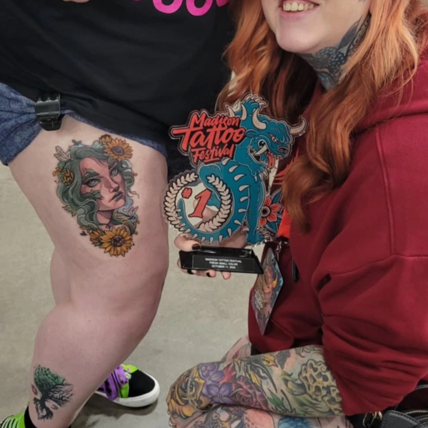 Woman with sunflowers realism tattoo on the thigh by Jessica Canvas
