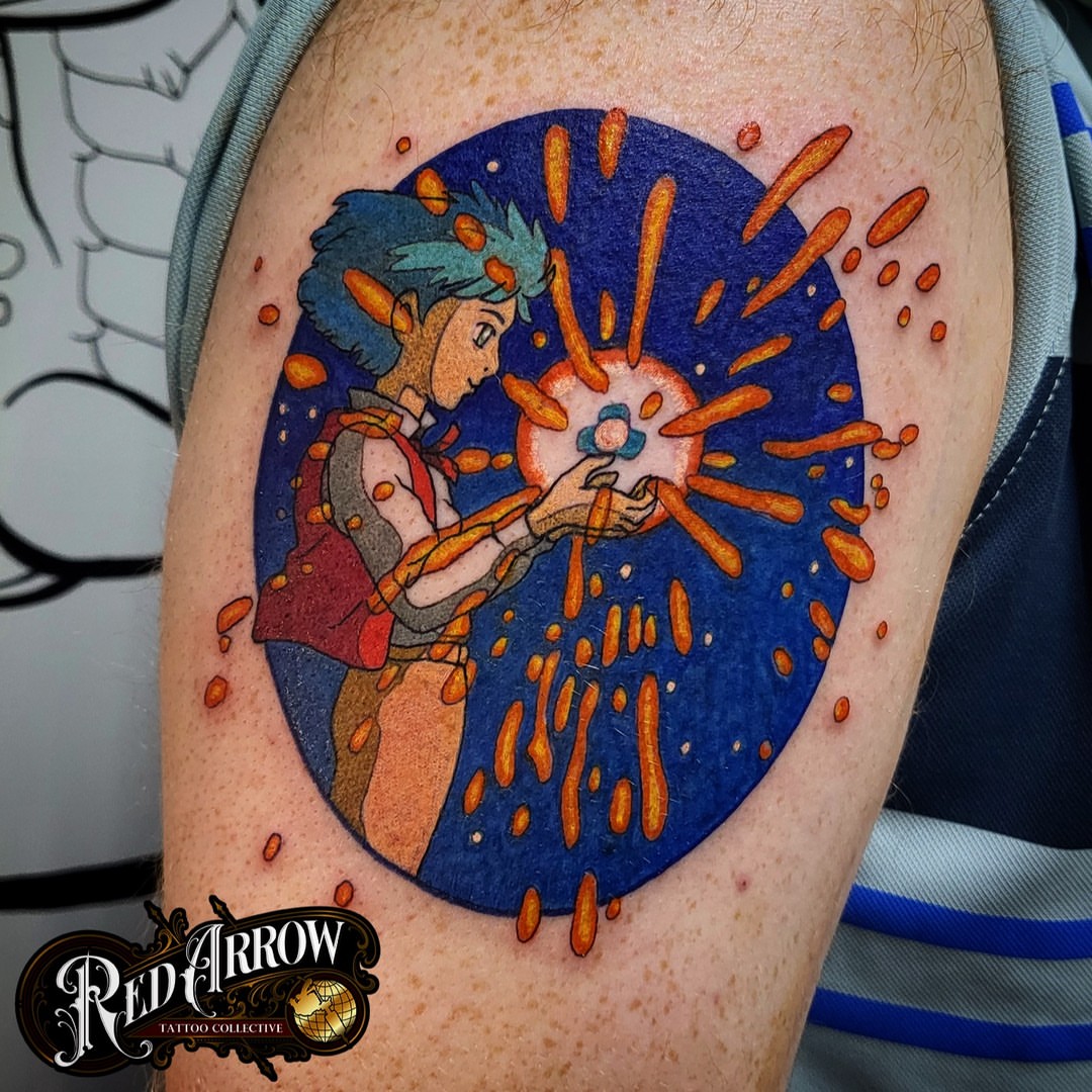 Anime character anime tattoo on the upper arm by 𝕽𝖊𝖉 𝕬𝖗𝖗𝖔𝖜 𝕿𝖆𝖙𝖙𝖔𝖔 𝕮𝖔𝖑𝖑𝖊𝖈𝖙𝖎𝖛𝖊, Troy, Michigan