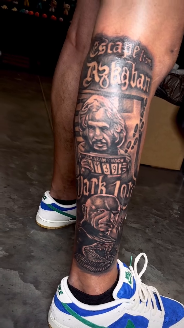 Harry Potter characters and text realism tattoo by Paul burrows (Tatttoo Artist)