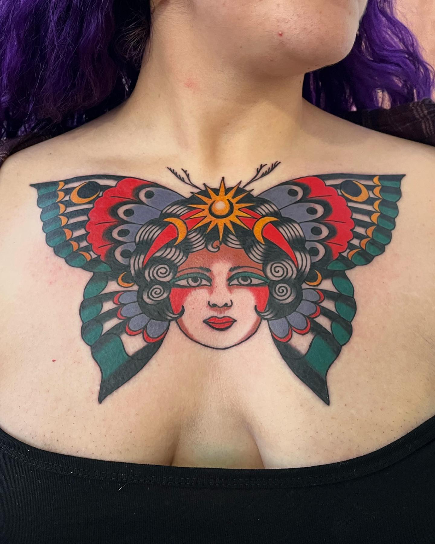 Butterfly woman American traditional tattoo on the chest by 🌞all Bodies Welcome🌞