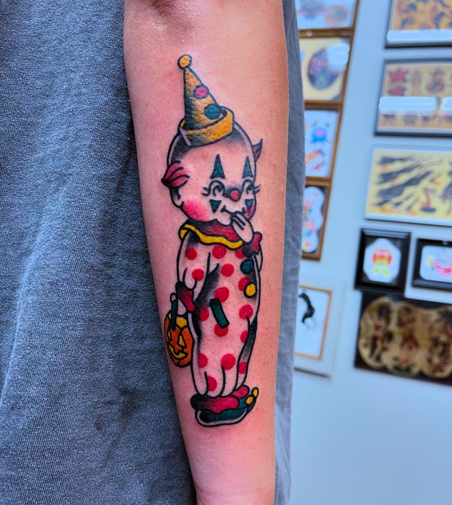 Clown American traditional tattoo on the forearm by 💀good To the Grave💀