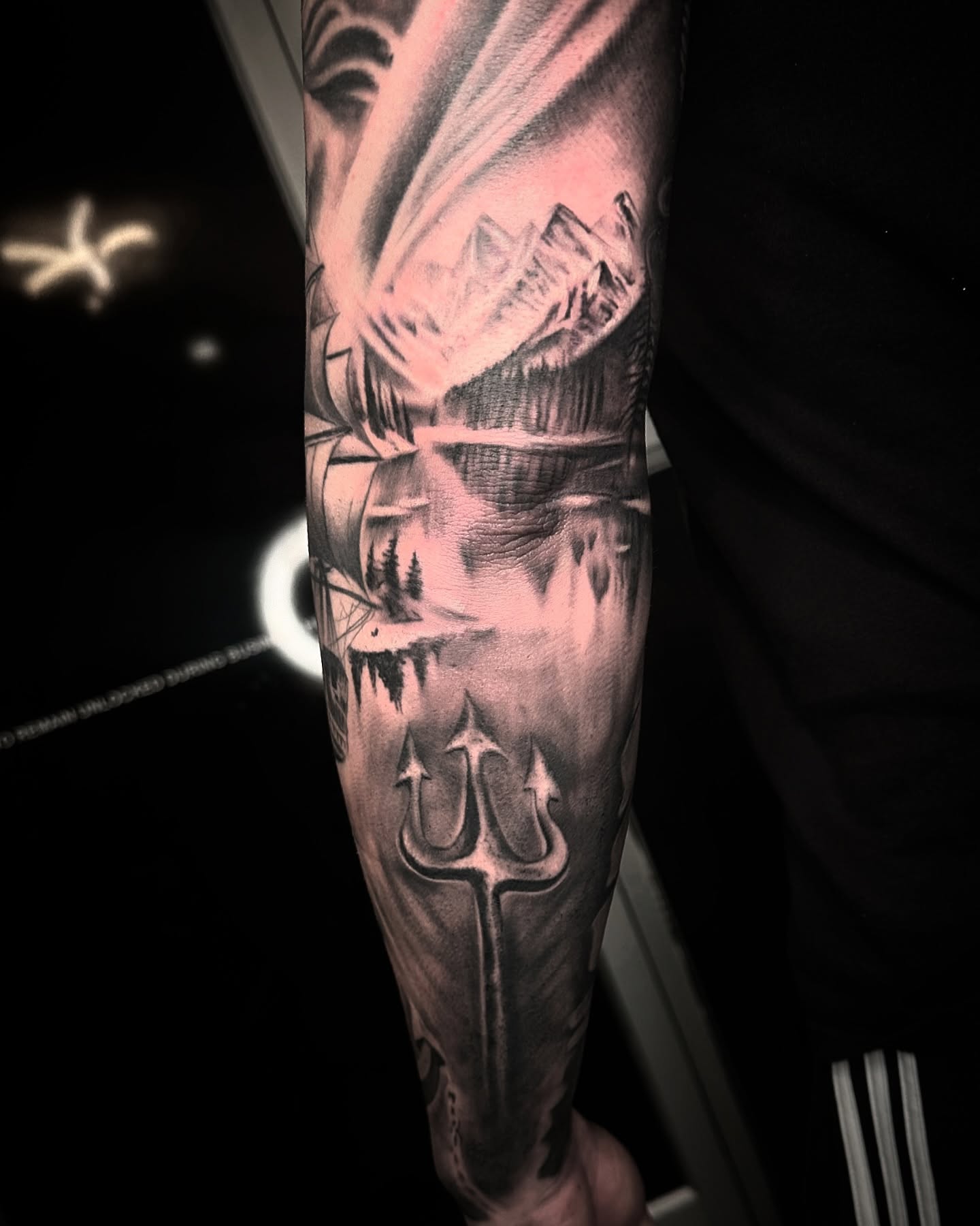 Mountain landscape realism tattoo on the forearm by Tattoo Artist - the Goat