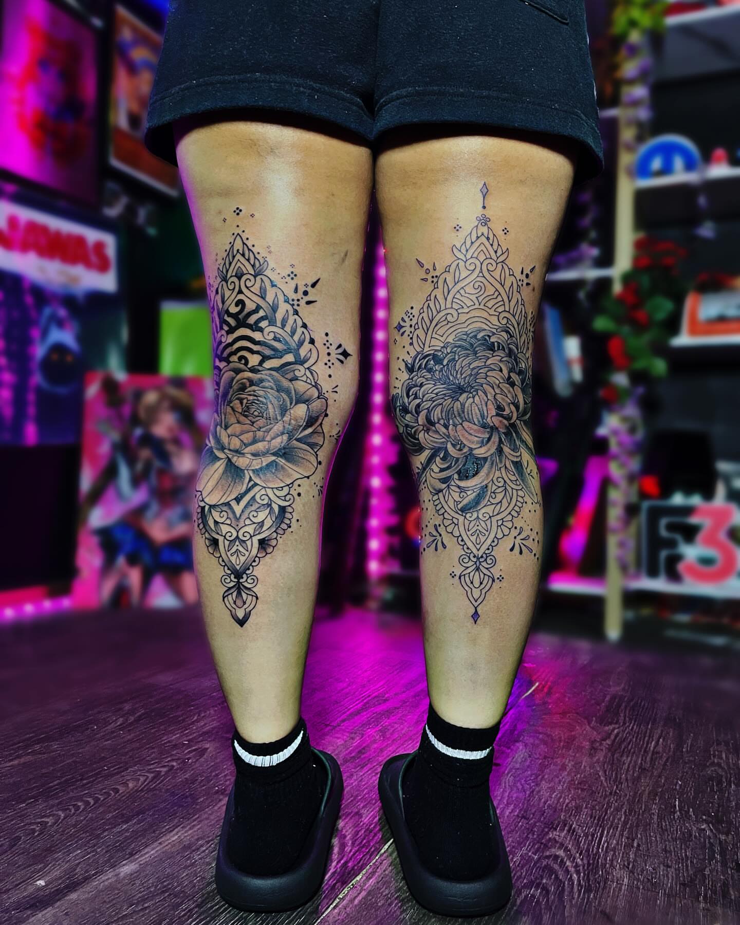 Floral mandala ornamental tattoo on the calf by Jamie Jane Voryer