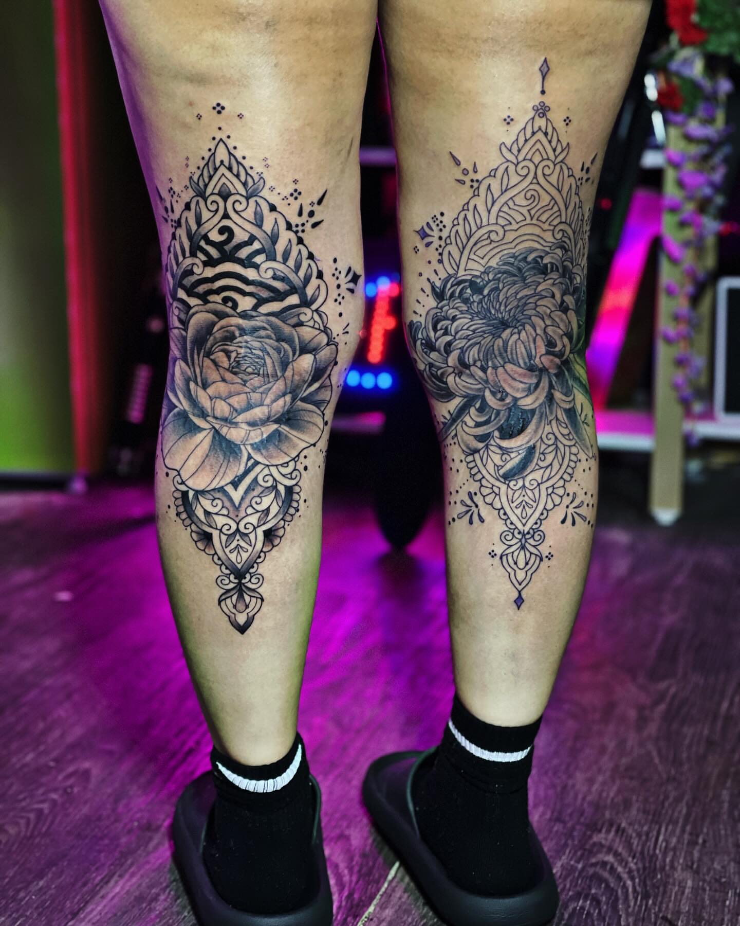 Floral mandala ornamental tattoo on the calf by Jamie Jane Voryer