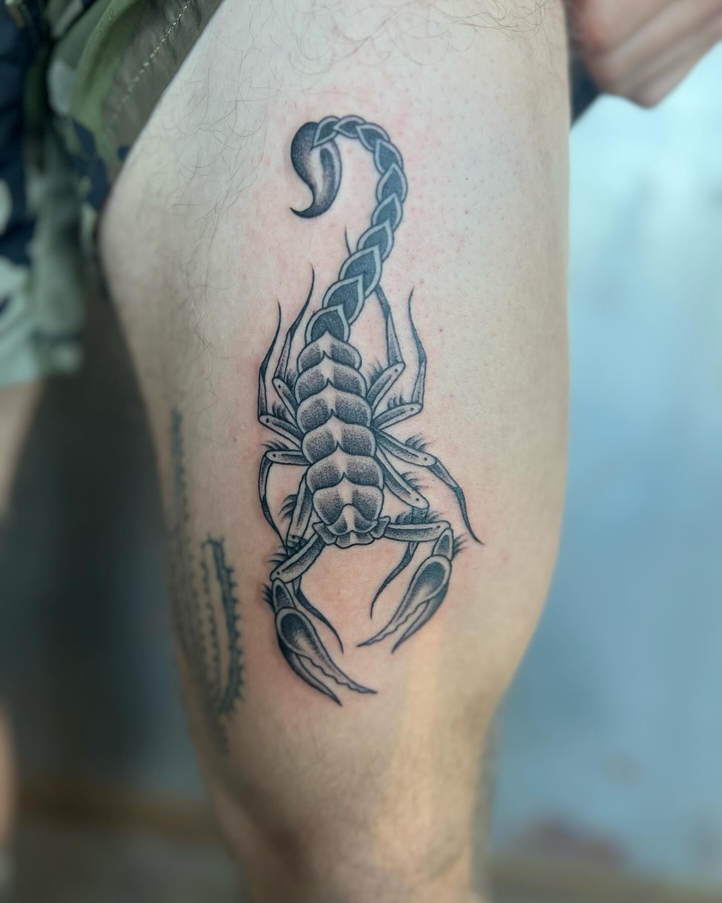 Scorpion dotwork tattoo on the thigh by Siërra Nicole, Minneapolis, Minnesota