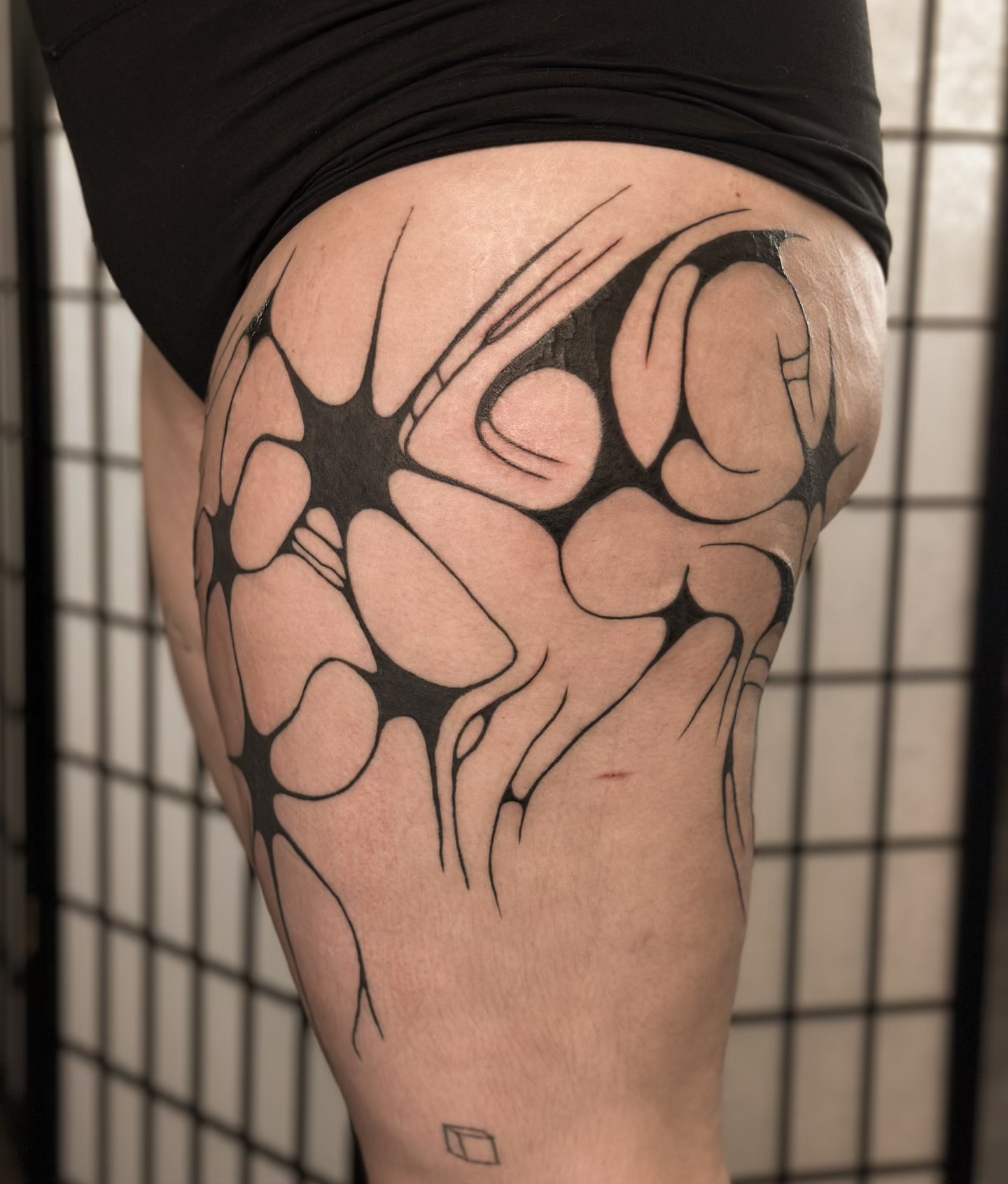Abstract shapes black and grey tattoo on the thigh by πππππππππ β ππππ ππππ ππππ ππππππ ππππππ, Salt Lake City, Utah