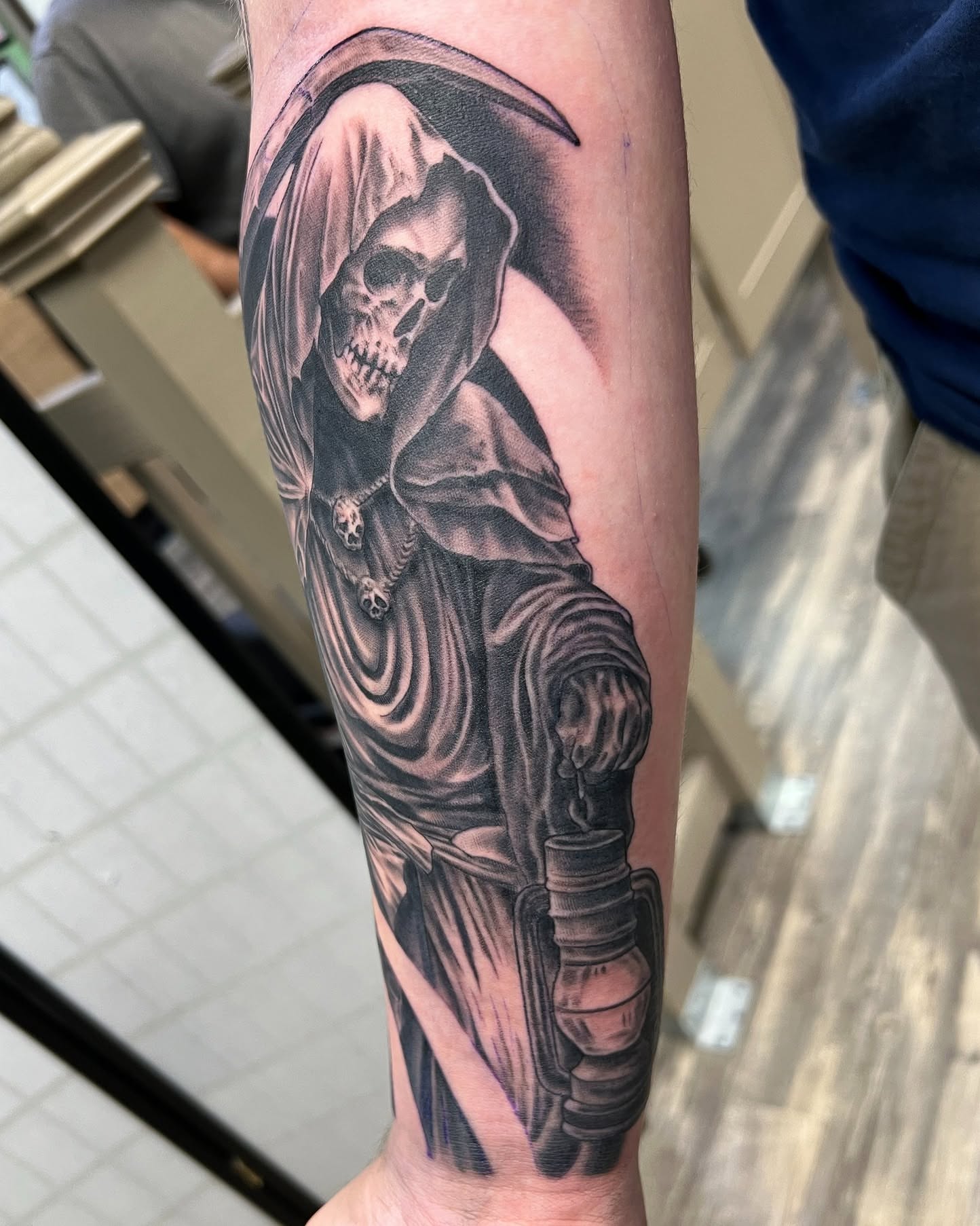 Grim reaper realism tattoo on the forearm by Dustin Quillen Tattoo Artist, Campbellsville, Kentucky