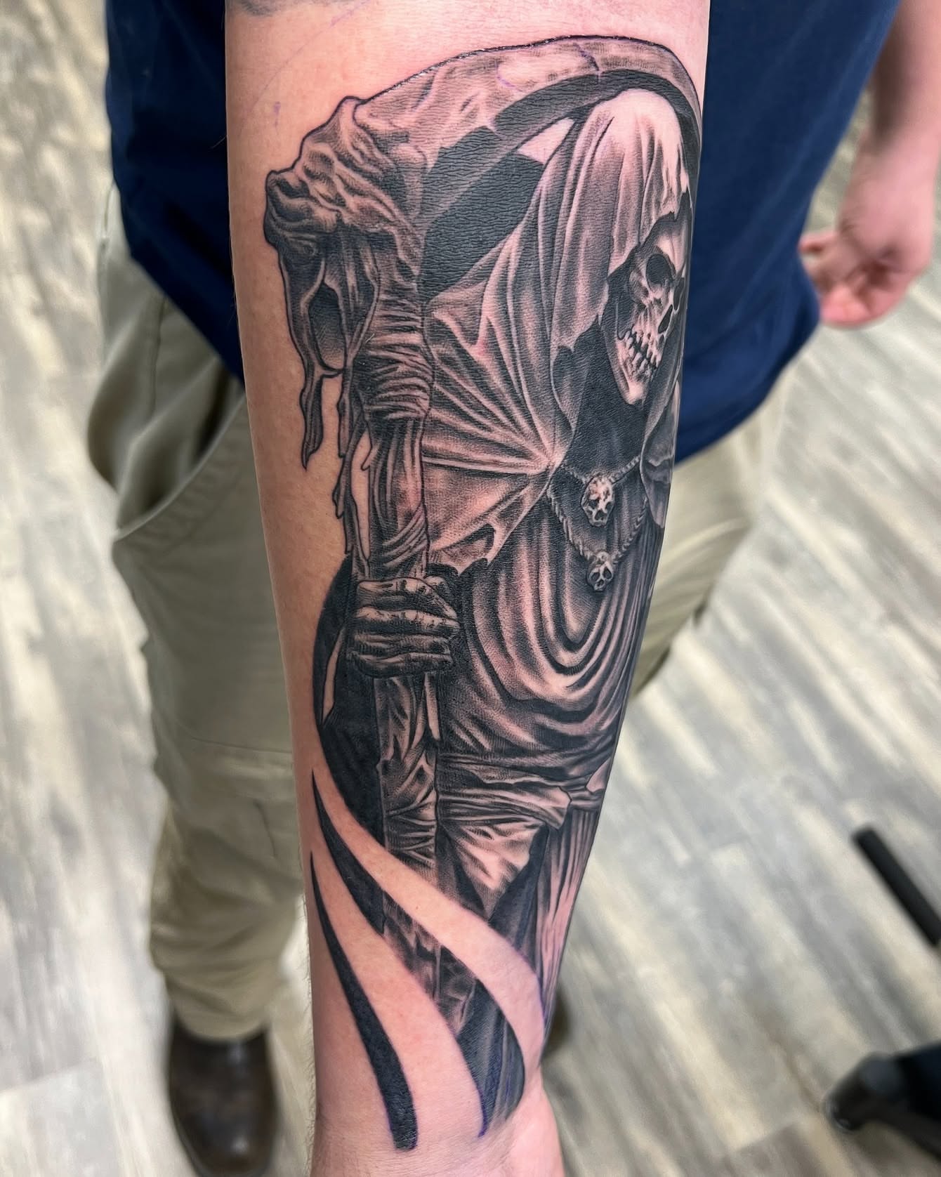 Grim reaper realism tattoo on the forearm by Dustin Quillen Tattoo Artist, Campbellsville, Kentucky