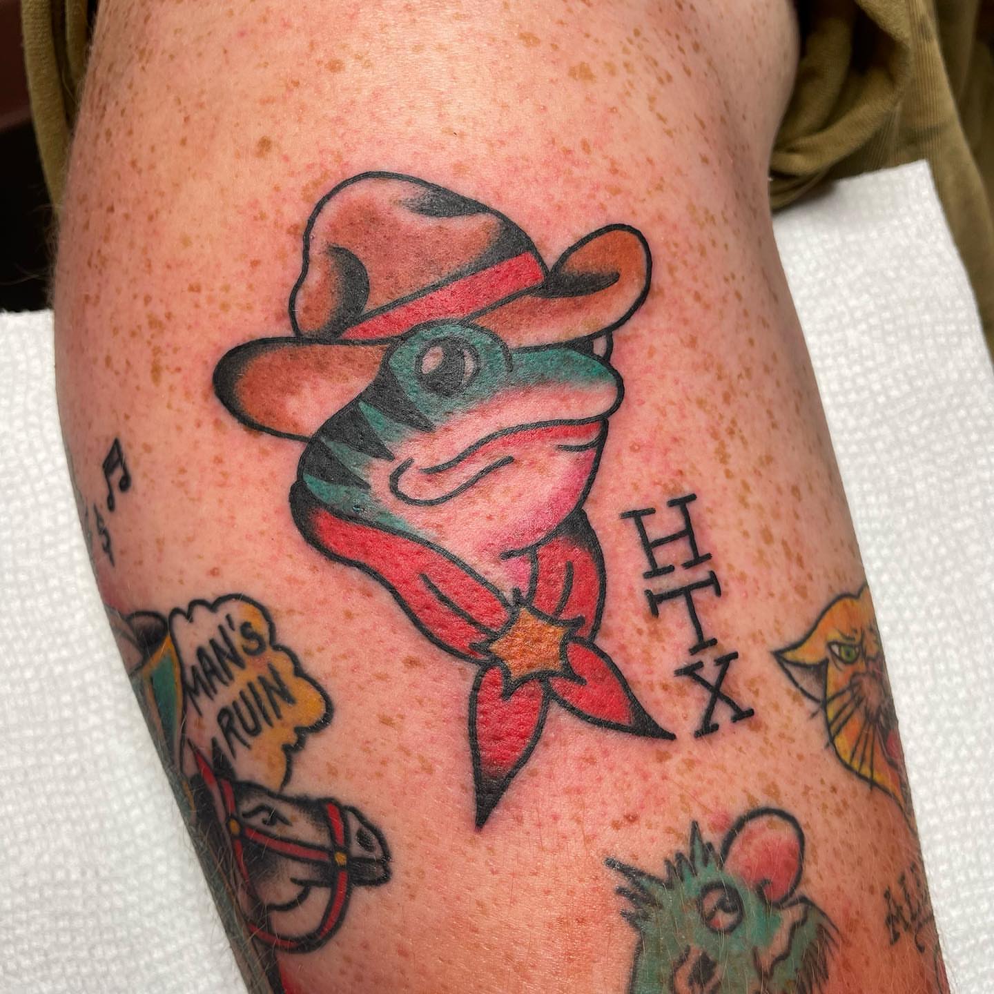Dolphin wearing hat American traditional tattoo on the forearm by nancy❣️