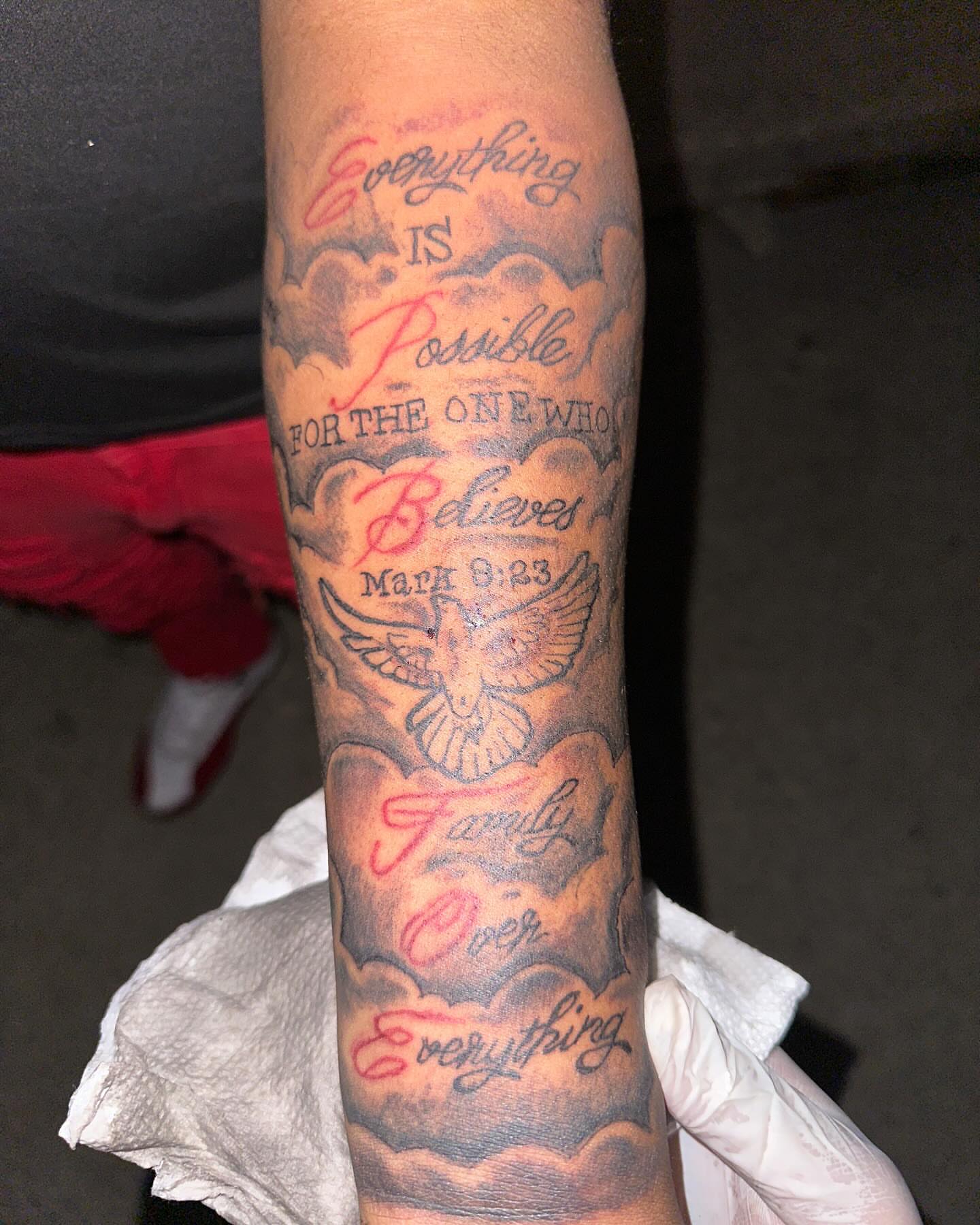 Religious quote lettering script tattoo on the forearm by Chieftats614π₯