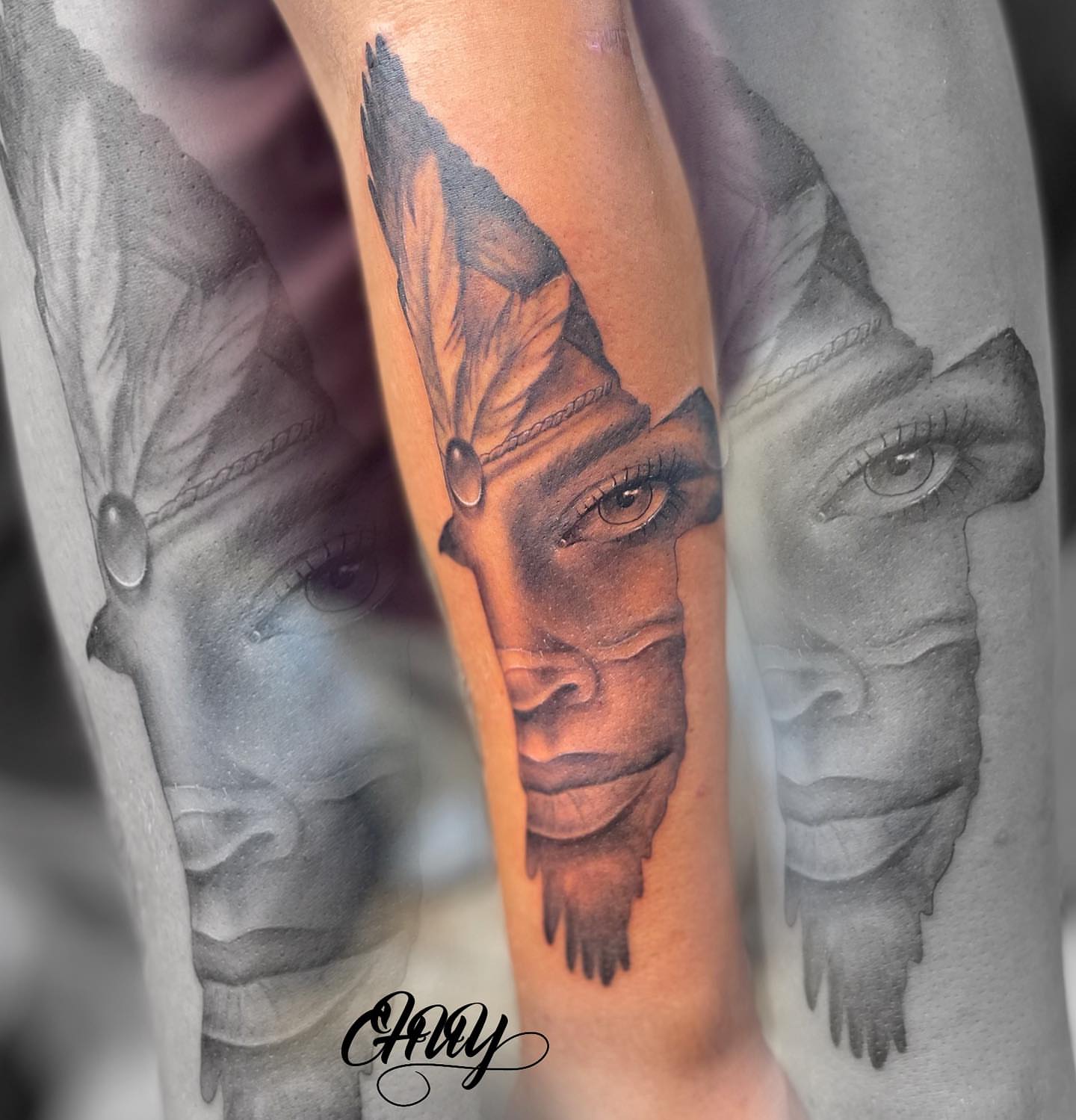 Indian chief realism tattoo on the forearm by Chuy E ⚡️