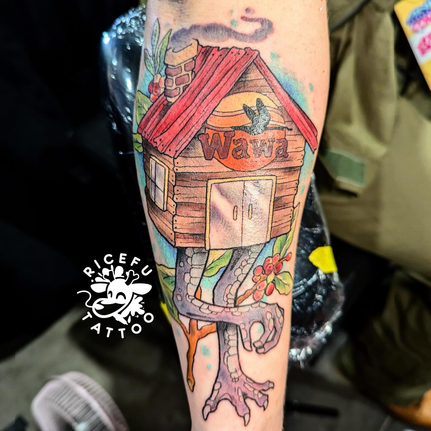 Wawa convenience store watercolor tattoo on the forearm by Ricefu Art & Tattoo