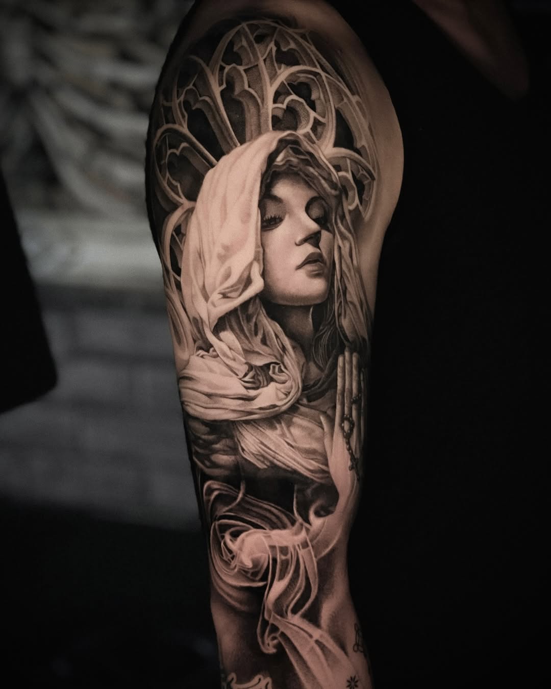 Woman with veil and praying hands Chicano tattoo on the forearm by D A N N y L I N