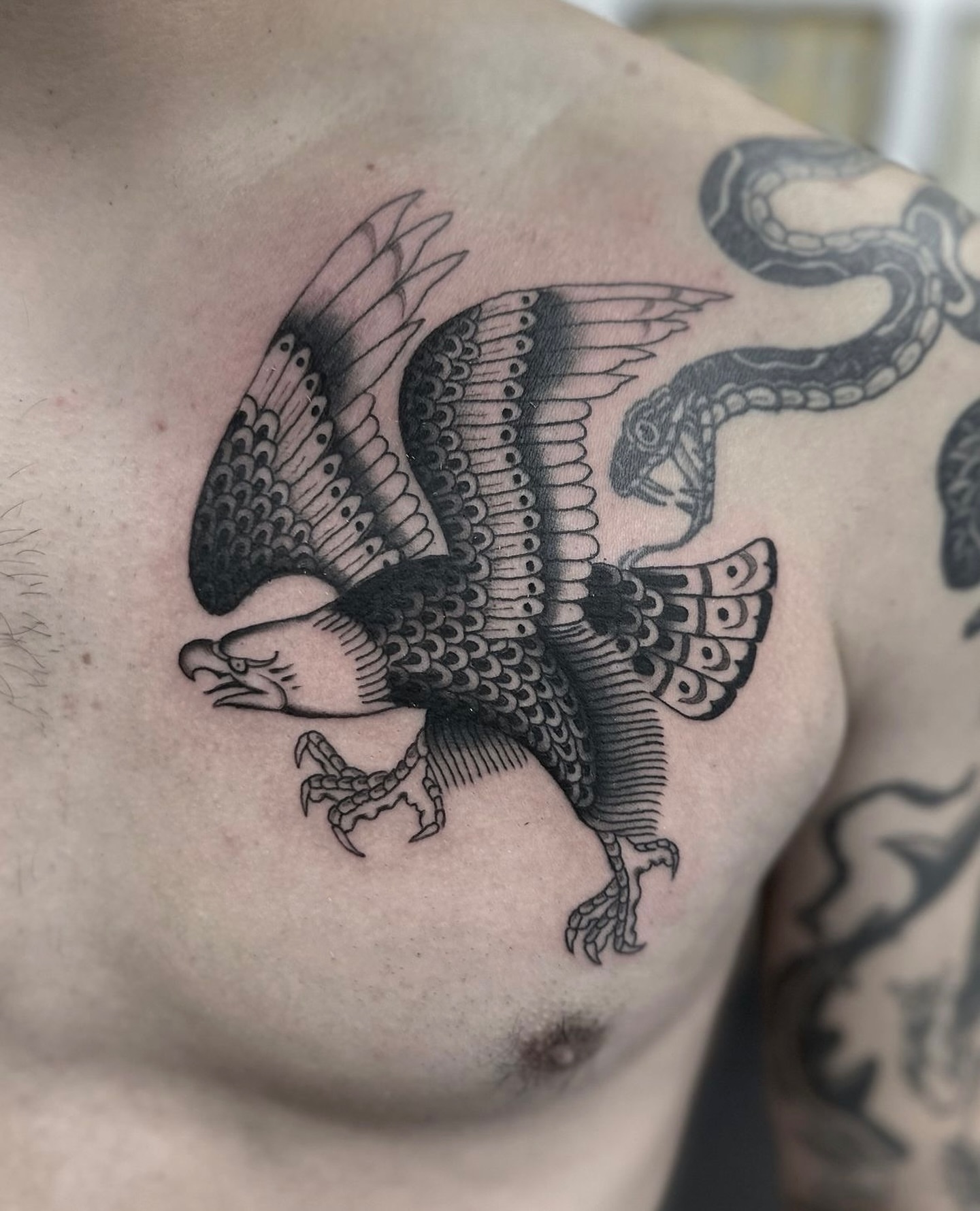 Eagle black and grey tattoo on the chest by Nicholas Lee, San Francisco, California