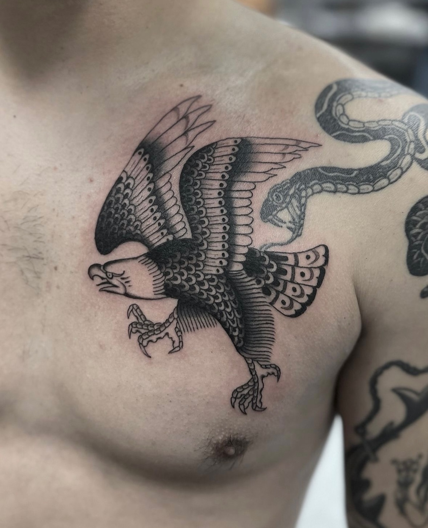 Eagle black and grey tattoo on the chest by Nicholas Lee, San Francisco, California